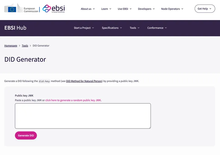 EBSI Hub DID Generator page